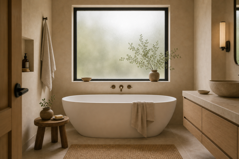 Warm Minimalist Bathroom Freestanding Tub featuring a freestanding oval tub centered before a large diffused window