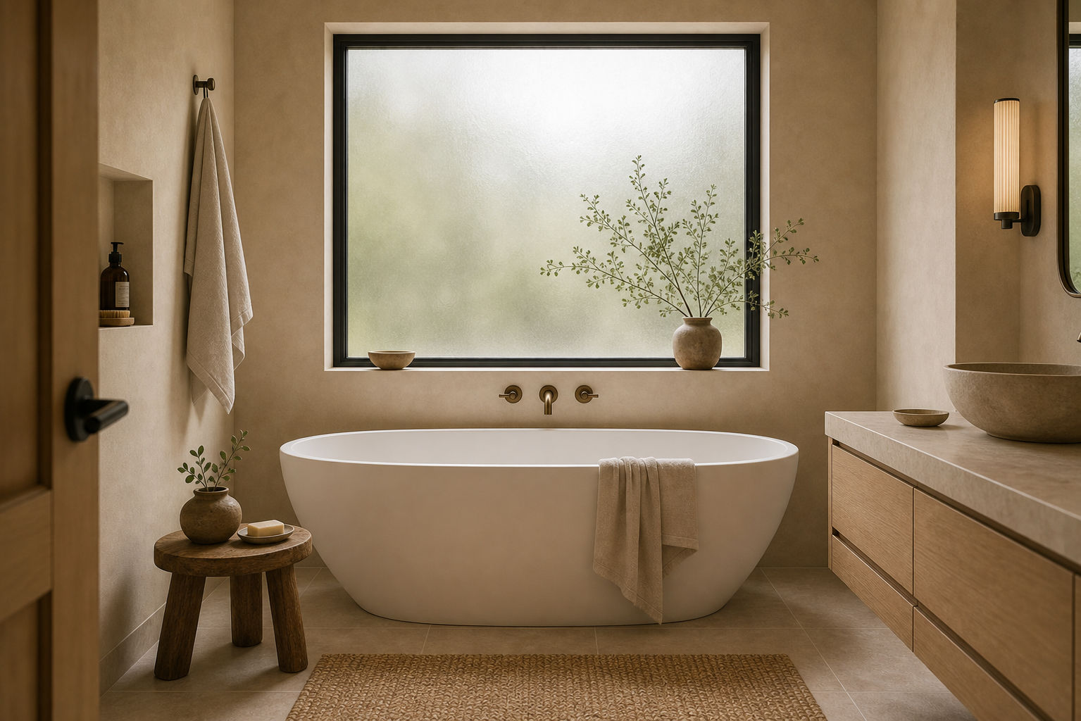 Warm Minimalist Bathroom Freestanding Tub featuring a freestanding oval tub centered before a large diffused window