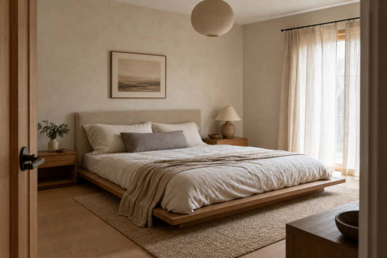 Warm Minimalist Bedroom Floating Platform Bed featuring a broad low platform bed with a visibly recessed base