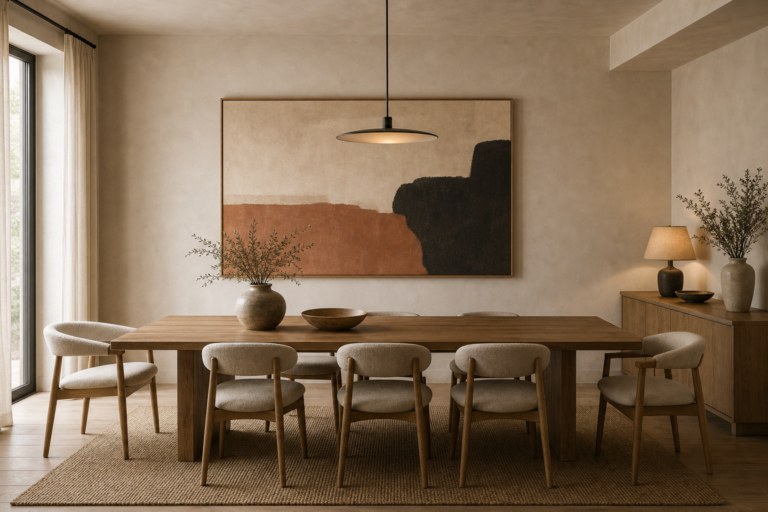 Warm minimalist dining room with oversized cream, terracotta, and black abstract art, long timber table, pale chairs, disc pendant, woven rug, and low sideboard