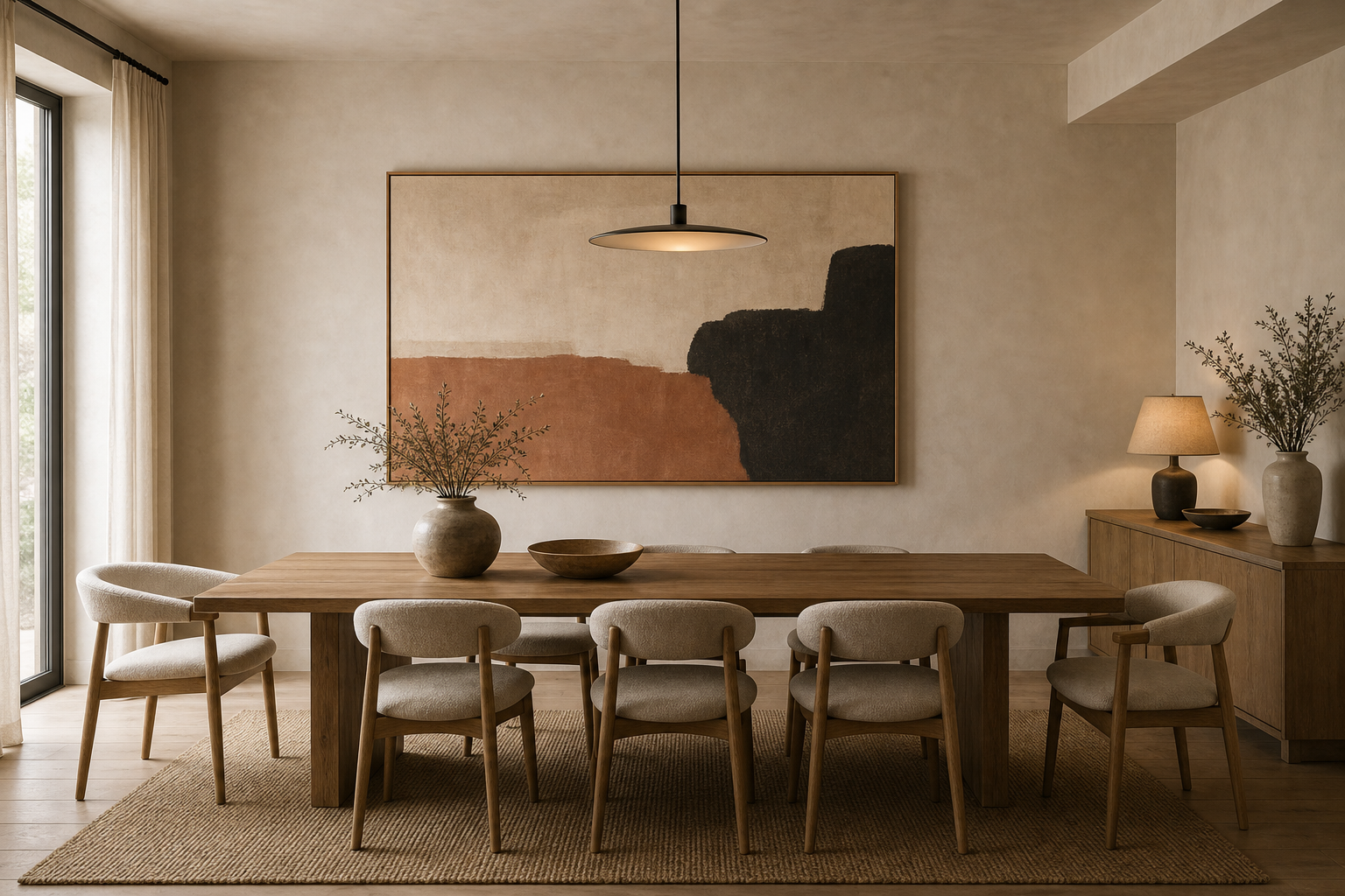 Warm minimalist dining room with oversized cream, terracotta, and black abstract art, long timber table, pale chairs, disc pendant, woven rug, and low sideboard