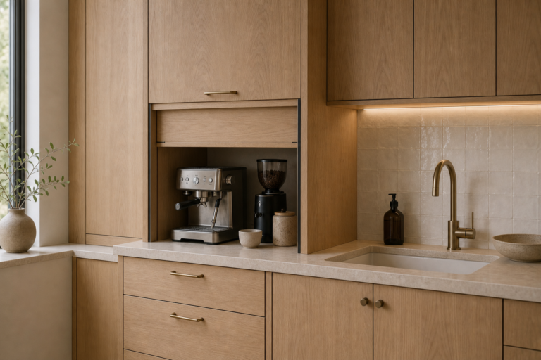 Warm Minimalist Kitchen Appliance Garage featuring a recessed appliance garage containing two coffee machines