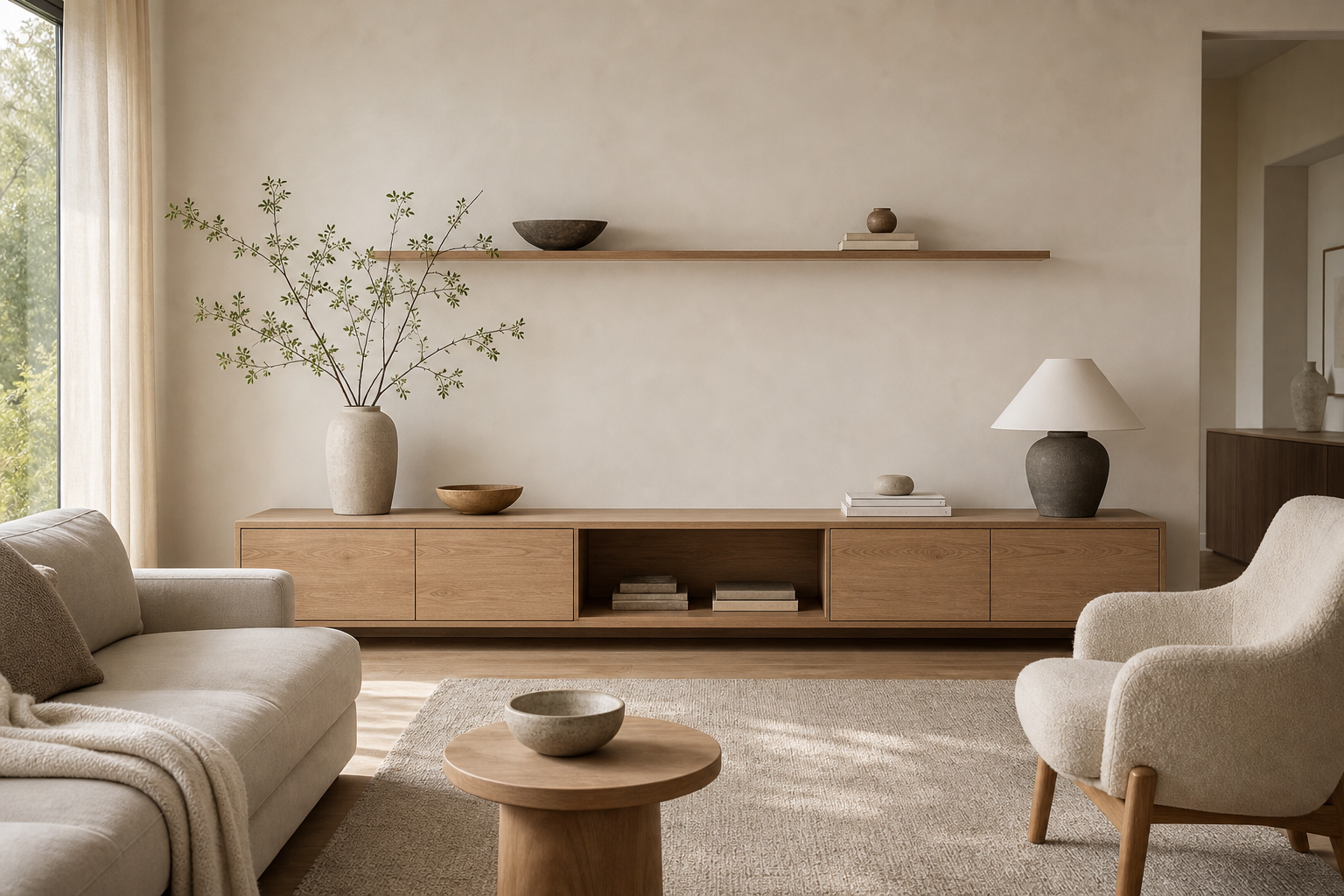 Warm Minimalist Living Room Low Media Console featuring a wall-length low timber-toned media console