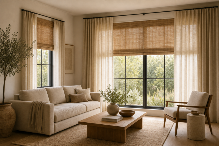 Warm minimalist living room with woven shades and sheer full-height curtains across black-framed windows, pale seating, timber table, neutral rug, and plants