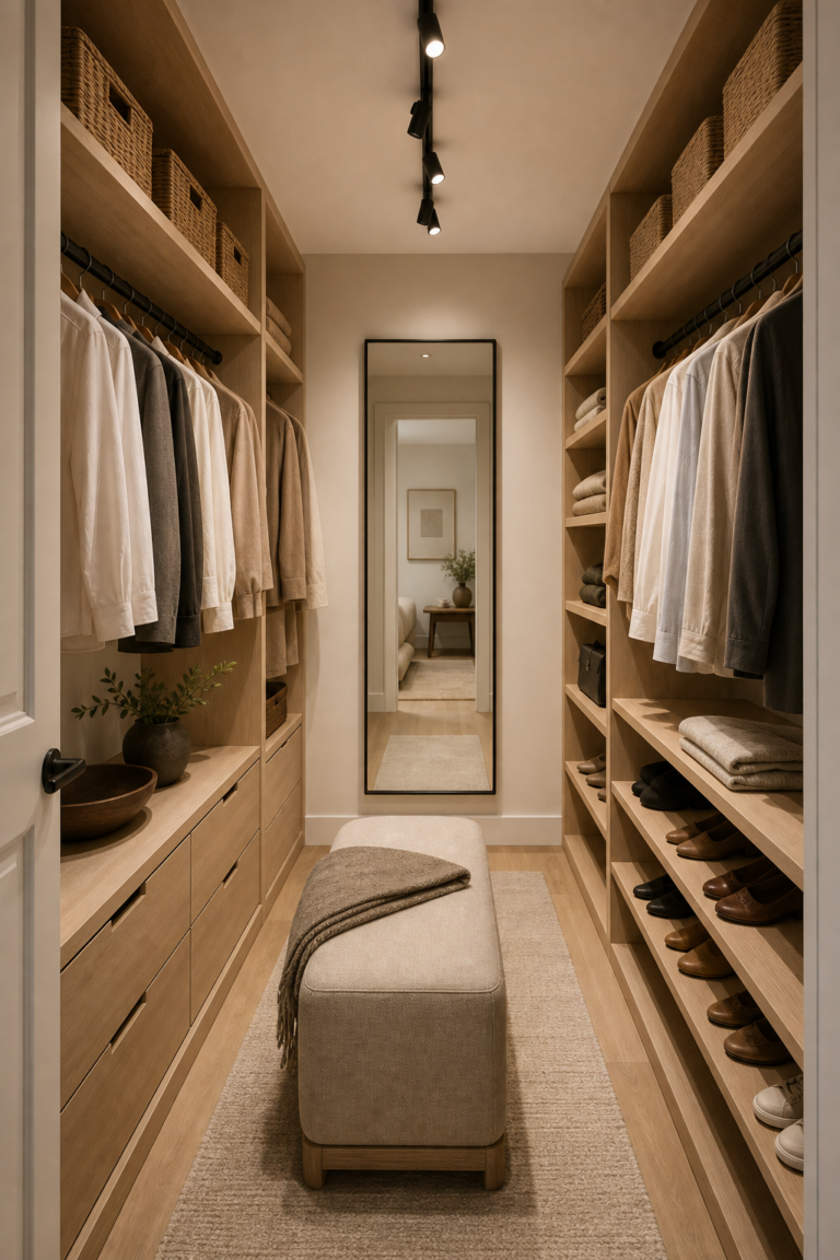 Warm minimalist walk-in closet with light wood shelving, clothing rails, drawers, woven baskets, shoe shelves, mirror and center bench