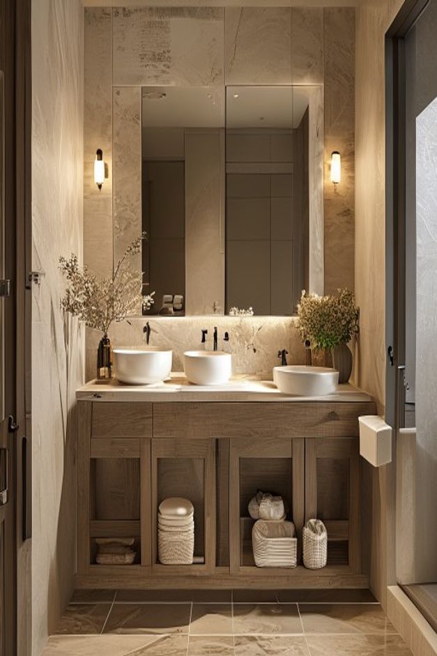 Warm Neutral Bathroom with a Triple Vanity