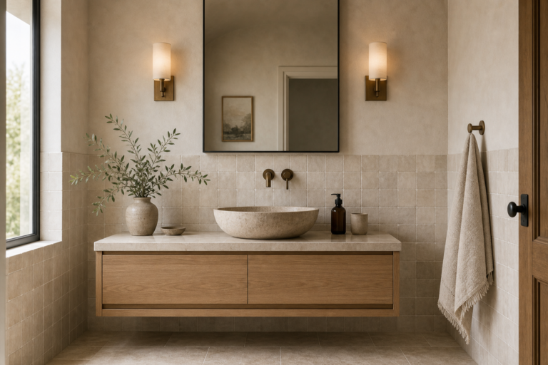 Warm Neutral Bathroom Tile Wainscoting featuring continuous square tile wainscoting wrapped around the vanity walls