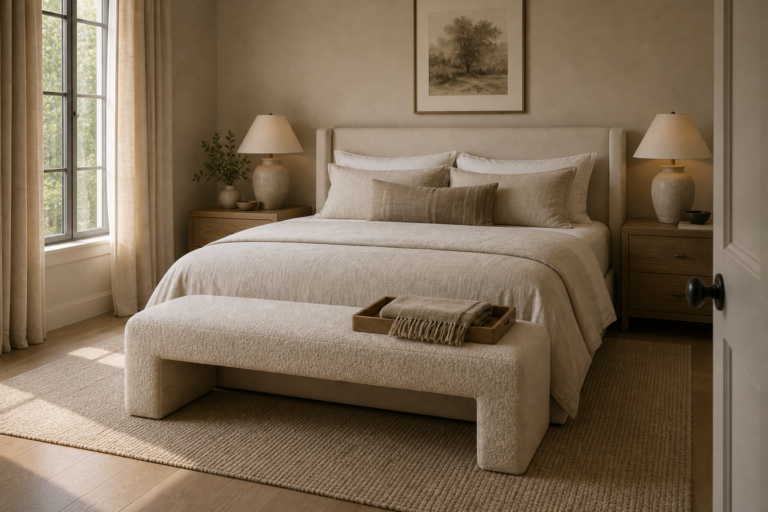Warm Neutral Bedroom Upholstered End-of-Bed Bench featuring a low upholstered bench centered at the foot of the bed