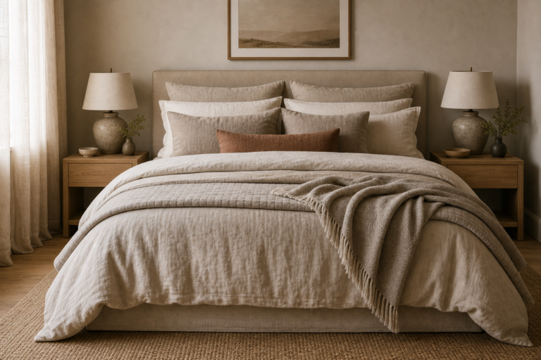 Warm neutral bedroom with layered ivory and oatmeal bedding, stacked pillows, taupe cushions, muted-rust lumbar pillow, quilted coverlet, fringed throw, paired timber nightstands, and ceramic lamps
