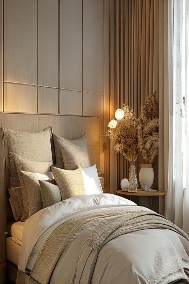 Warm Neutral Bedroom Round Nightstand Ideas
