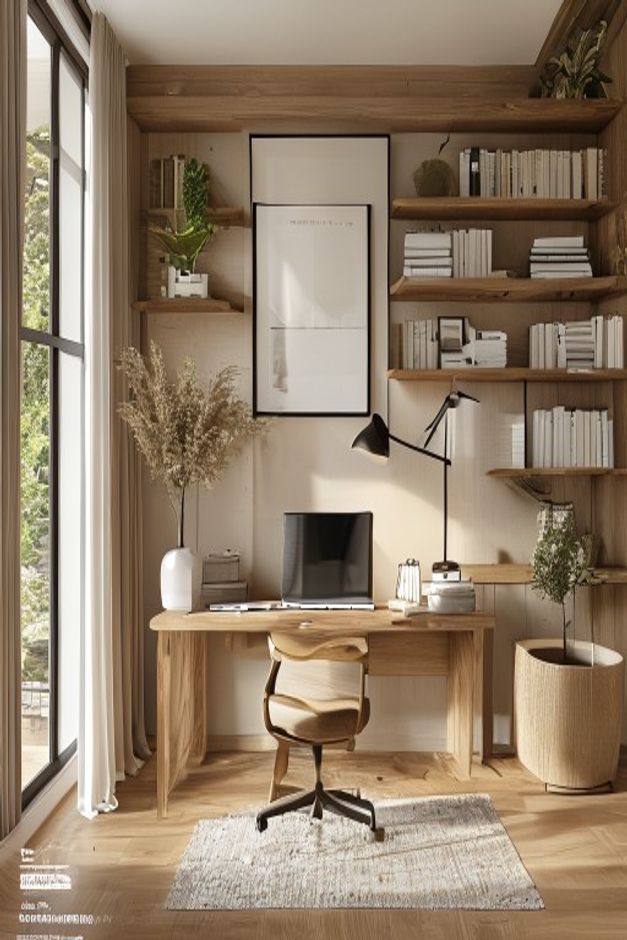 Warm Neutral Home Office with a Wood Desk and Storage