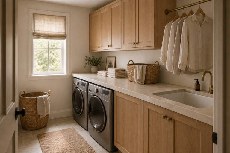 Warm Neutral Laundry Room Folding Counter featuring a continuous folding counter spanning appliances, drawers, and sink