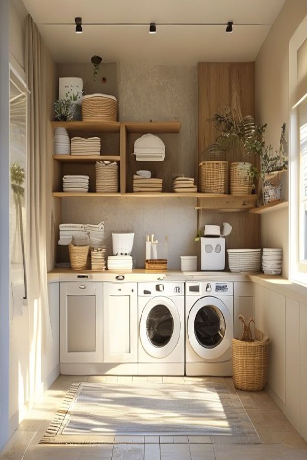 Warm neutral laundry room with broad open shelves, woven baskets, folded textiles, paired front-loading machines, an L-shaped counter, lower cabinets, and a window